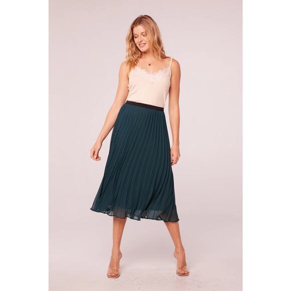 New Pleated Midi Skirt - Green A Line Elastic Waist - Career Cocktail - Picture 2 of 9